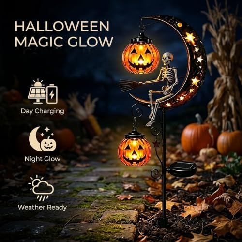 Solar Halloween Black Cat & Pumpkin Moon Garden Stake Light,2-in-1 Waterproof Outdoor LED Yard Decor with Hanging Lantern,Auto Dusk-to-Dawn Lawn Ornament for Pathway,Patio, Walkway (Black-F-2PCS) - Image 3