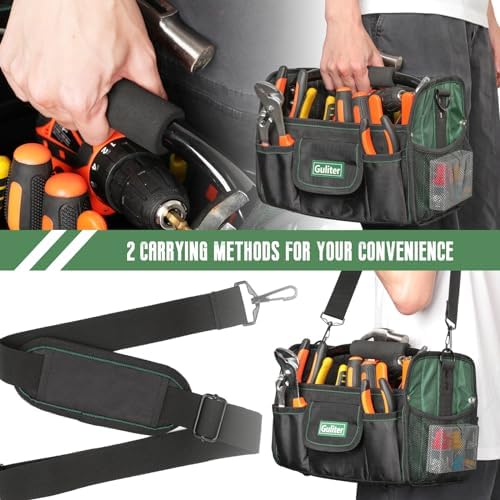 11 Inch Small Tool Bag, Open Top Tool Tote with Stainless Steel Handle and Adjustable Shoulder Strap,21 Pockets Electrician Tool Bags,Black/Green - Image 6