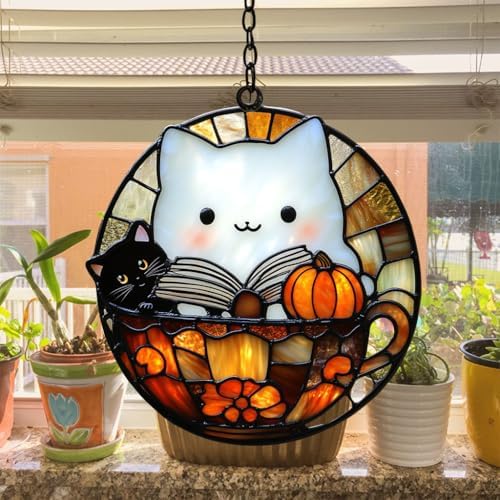 Cute Ghost and Cat Reading Book Acrylic Suncatcher - Image 4