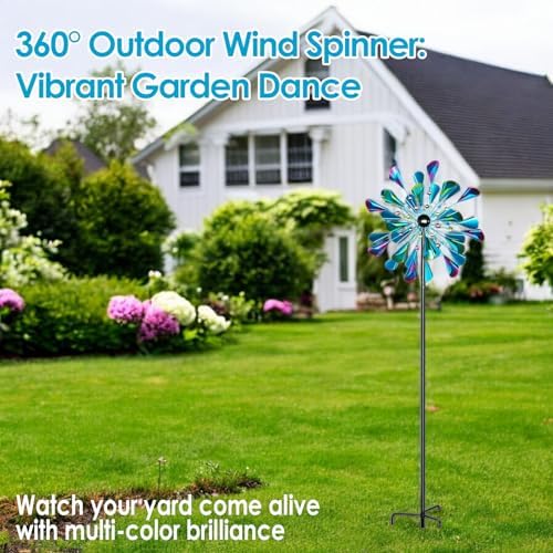 Decoroca Large Outdoor Metal Wind Spinners - Wind Sculptures & Spinners for Yard Patio Lawn Garden Decorations, Windmill Outdoor Clearance with Stable Metal Stake(Blue&Green Rotating) - Image 2