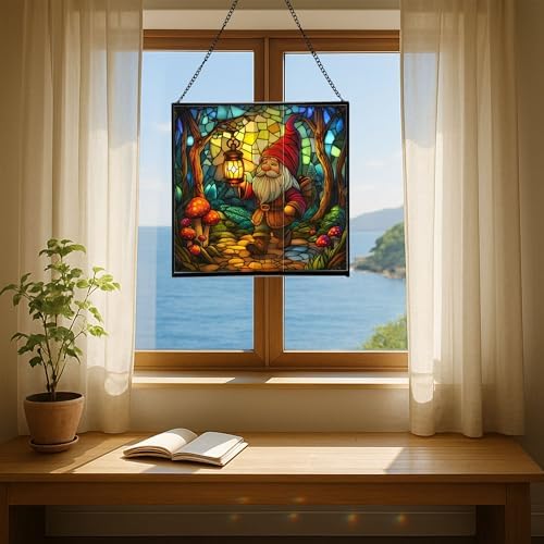 Forest Gnome with Lantern Stained Glass Suncatcher – Square Hanging Window Panel for Home or Greenhouse – Whimsical Glass Art Gift for Garden Lovers, Christmas, Halloween, Father Days ckmTEF - Image 6