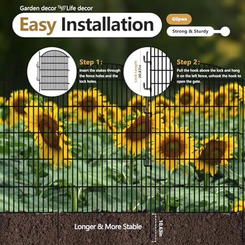 10 Panels Decorative Garden Fence with Lock, 48in (H) x 24ft (L) No Dig Dog Animal Barrier for Outdoor Yard, Rustproof Ground Stakes Metal Fencing for Yard, Patio, Flower Bed - Image 3