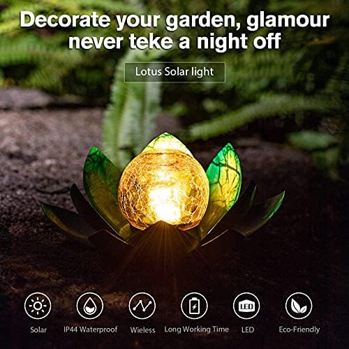 AIINY Solar Light Outdoor, Art Crackle Globe Glass Lotus Decoration, Solar LED Waterproof Blue Metal Flower Lights for Patio,Lawn,Walkway,Tabletop(2Pack) - Image 2