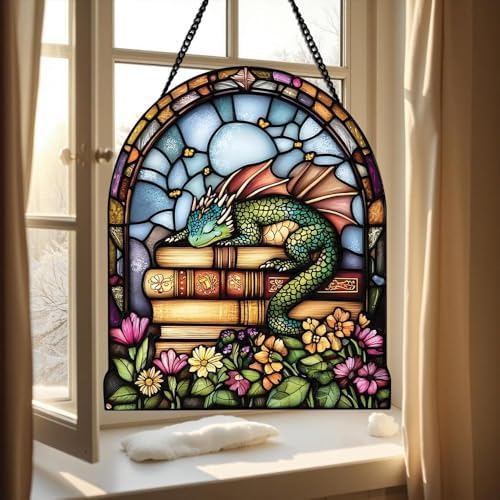 Sleeping Book Dragon Acrylic Suncatcher 8 Inches, Halloween Decoration Indoor Outdoor, Bedroom Porch Decor, Stained Glass Effect Window Hanging, Fantasy Reader Gift for Book Lovers Women by XISZYS