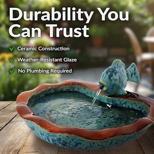 Sunnydaze 7" Fish Spout Tabletop Water Fountain, Ceramic, Aqua & Brown - Image 3