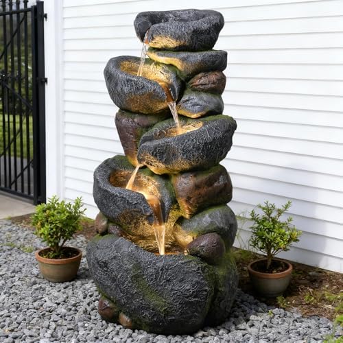 36.2''Tall Rock Outdoor Water Fountain with LED Lights by Pivotify