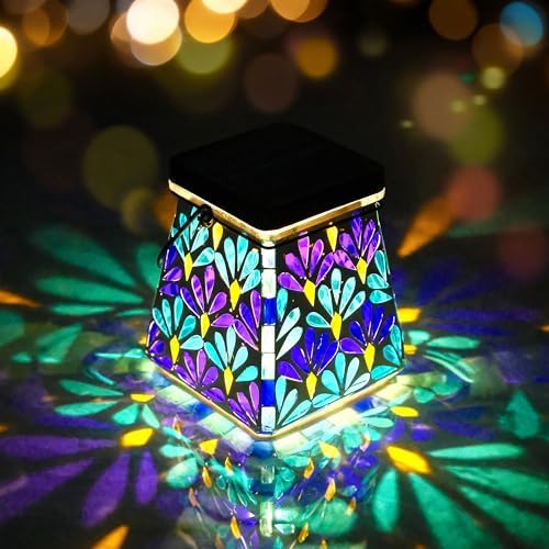 VOREEN Mosaic Solar Lantern, Colorful Mosaic Glass Decorative Lantern for Outdoor Garden & Patio, Tabletop or Hanging Solar Powered Light, Blue Petal Mosaic Design by VOREEN