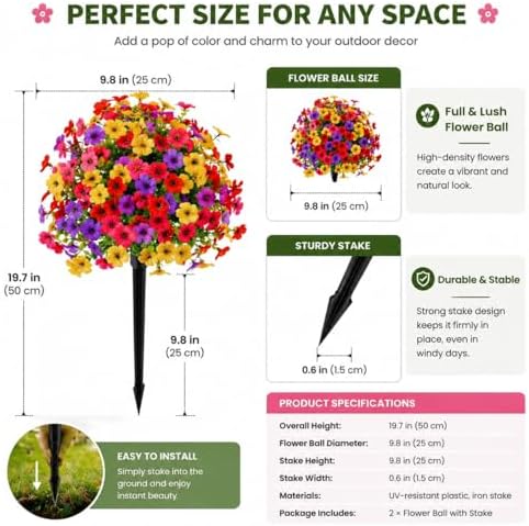 Outdoor Artificial Flowers Fake Plants, Artificial Topiary Balls with Ground Spikes, UV Resistant, Mix 4 Colors, 2 Pack, 20 inch, Garden Porch Patio Gravesite Indoor Decor (2 Pcs Orange) - Image 4