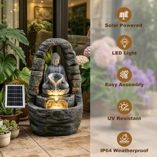 27.2" H Solar Water Fountain Outdoor with LED Lights, Zen Buddha Garden Water Feature with Cascading Flow for Patio Backyard Porch Decor - Image 3