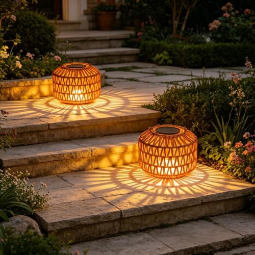 2 Pack Solar Hanging Lanterns Outdoor Waterproof, Solar Rattan Chandelier Outdoor with 7.75in Boho Lantern, Hanging Pendant Lights for Outside Tree, Patio Decor for Garden Gazebo Porch Backyard Gifts - Image 6
