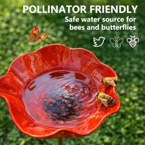 Metal Flower Garden Stakes with Bee Bath & Bird Water Bowl,Watering Station,Hummingbird Bath Cup for Outdoor Yard Decor (3PC-Green) - Image 2