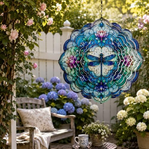 Shwing 12 Inch Dragonfly Wind Spinner Lotus Flower Hanging Decor Blue Purple Mandala Metal Ornament Outdoor Kinetic Garden Art 3D Wind Spinner for Patio Porch Backyard Decoration - Image 5