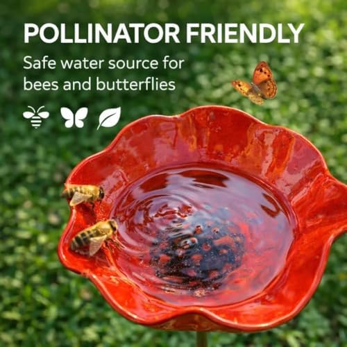 Metal Flower Garden Stakes Bird Bath, Handmade Bee Watering Station for Garden Outside, Mini Pollinator Water Station, Metal Flower Bird Bath Garden Stakes (Red, 3PCS) - Image 3