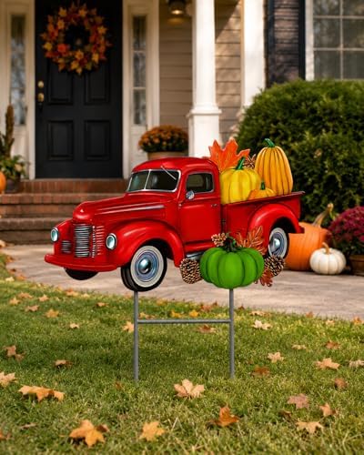 Garden Yard Stake Decor Vintage Truck Metal Colorful Fall Outdoor Decor Entry Front Backyard Home Business 22" x 22" (Red Truck W Fall Pumpkins) - Image 4