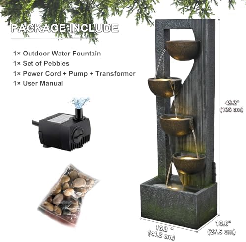 Sunlinua Garden Water Fountains Outdoor 5 Tiered Cascading Bowl Modern Waterfall Fountain with LED Lights, Natural Stones for Garden, Living Room, Patio, Yard Art Decor, 16.3" L * 10.8" W * 49.2" H - Image 6