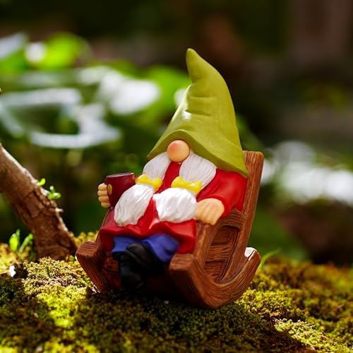 Solar Powered Relax Garden Gnome Statue, Rocking Chair Gnome 6.5“ with Glowing LED Nose & Coffee Cup, Hand Painted Resin Outdoor Indoor Decor Ornament for Patio Lawn Yard Home, Calming Novelty Gift - Image 6