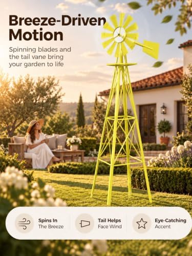 8FT Windmill for Yard Garden Decoration with Weather Vanes，Heavy Duty Outdoor Wind Mills, Large Metal Outdoor Windmill,Weather Resistant,Yellow - Image 4