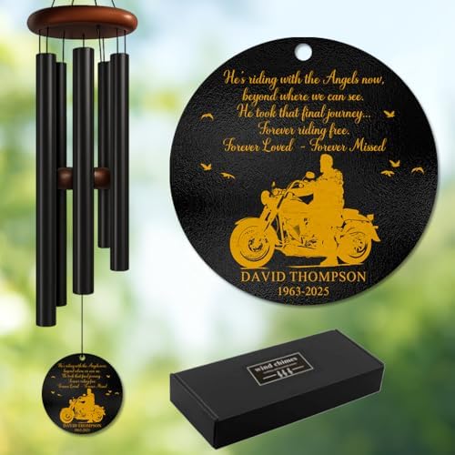 Personalized Motorcycle Memorial Wind Chime – “Riding with The Angels” Custom Engraved Name & Years – Outdoor Biker Sympathy Gift – in Loving Memory Windchime Tribute for Honoring The Loss of Loved by AlpadilCo