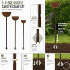 3 Pack Rustic Metal Bird Bath Stake Set for Outdoors, Garden Bird Bath Bowls with Ground Stakes, Bird Feeder Rain Catcher Wildlife Water Station for Birds, Bees & Butterflies - Image 6