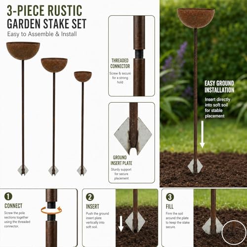 3 Pack Rustic Metal Bird Bath Stake Set for Outdoors, Garden Bird Bath Bowls with Ground Stakes, Bird Feeder Rain Catcher Wildlife Water Station for Birds, Bees & Butterflies - Image 6