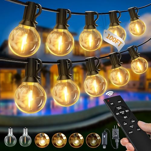 Ollny Outdoor String Lights with Remote, 110FT Plug in Patio Lights with Timer & 52 Shatterproof G40 Edison Bulbs, Waterproof Dimmable Outdoor Hanging Light for Porch, Backyard, Garden, 24V 2700K by Ollny