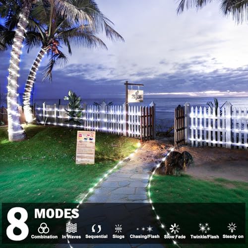 KNONEW Solar Rope Lights Outdoor 2 Packs Total 600LED 100FT Solar String Light Outside Waterproof with 8 Modes Clear Thin Tube for Pool Patio Garden Fence Camping Yard Deck Trampoline（Cool White） - Image 2