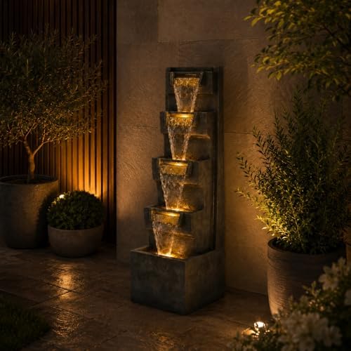 Outdoor Water Fountain, 39 Inch Resin Tiered Waterfall Fountain with Warm LED Lights and Plug-in Pump, Freestanding Cascading Water Feature for Patios, Gardens and Outdoor Living Spaces by Unknown
