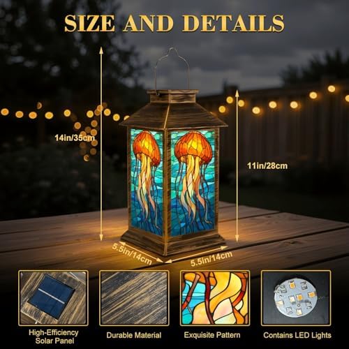 Solar Lantern Outdoor Waterproof Stained Glass Jellyfish Vibrant Orange Blue Tones Garden Decor LED Hanging Solar Lights Tabletop Lamp Gifts for Women Mom Outside Yard Patio Porch - Image 2
