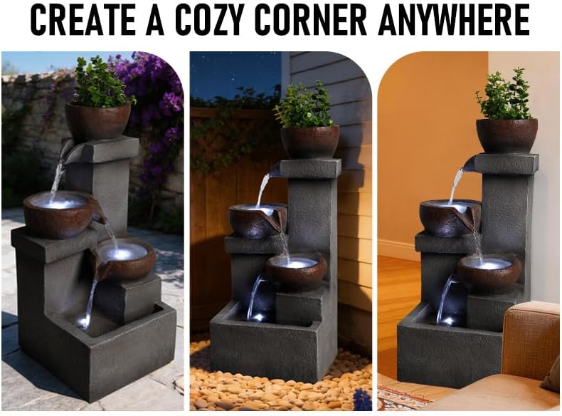 Freestanding Outdoor Water Fountain with Planter, Tiered Resin Design - Image 3