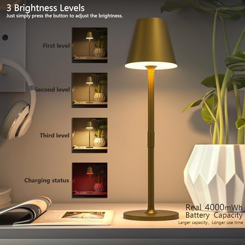 Timjorman 1-Pack Cordless Table Lamps - 5000mAh Rechargeable Battery Operated Desk Lamp, 3-Level Dimmable LED Night Light for Bedroom, Dining, Restaurant - Metal Design (Bronze 1-Pack) - Image 2