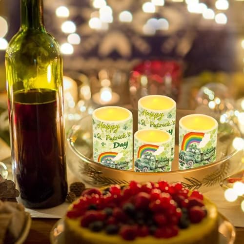 4 Pack St Patrick's Day Flickering Flamless Candles with Remote Shamrocks Battery Operated Elictric LED Pillar Candles with Timer Rainbow Truck Printed Outdoor Lights - Image 4