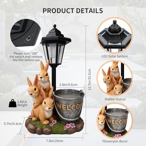 Solar Garden Statues Bunny Decor, 12.7" Upgraded Outdoor Rabbit Figurine with Welcome Planter & 3-Panel LED Lantern, Waterproof Resin Animal Yard Art Sculpture, Gardening Gifts for Women Mom Patio - Image 2