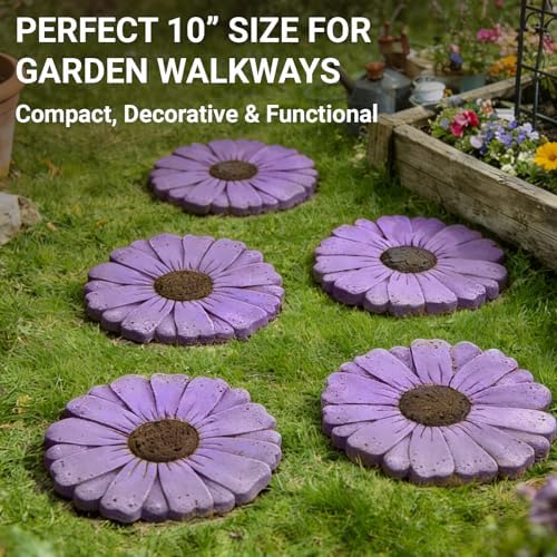 Heavy Duty Concrete Stepping Stone 10 Inch Daisy Design, Non Slip Garden Pathway Stone for Outdoor Walkway Yard Patio Lawn Fall Garden(Purple) - Image 3