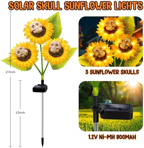 Halloween Decorations Outdoor, 3 Pack Solar Scary Skull Sunflowers Lights,Waterproof Solar Flowers Lights Garden Decor for Halloween Yard Patio Lawn Party Decor - Image 2