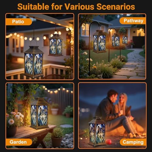 Solar Lantern Outdoor Waterproof Blue Stained Glass Style Wolf Portrait Detailed Fur Eyes Garden Decor LED Hanging Solar Lights Tabletop Lamp Gifts for Women Mom Outside Yard Patio Porch - Image 6