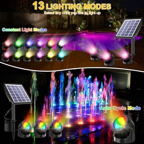 RGB Solar Pond Lights LED Underwater, 13 Lighting Modes Submersible Pond Lights, Smart Auto ON/Off Color Changing Landscape Spotlights with IP68 Waterproof for Outdoor Ponds Garden Patio Decor - Image 3