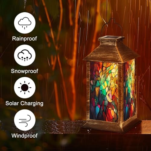 Solar Lantern Abstract Stained Glass Features an Intricate Arrangement Outdoor Waterproof Hanging Solar Light Outside Lights for Patio Yard House Lawn Decor Birthday Gifts for Women Mom - Image 5