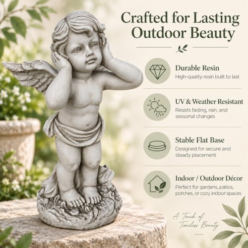 17" Winged Angel Garden Statue Antique Grey Resin Outdoor Sculpture Decor - Image 4