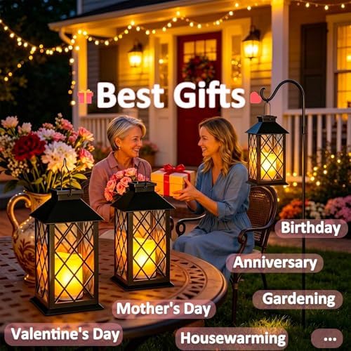 2 Pack 14" Large Tempered Glass Solar Lanterns Outdoor Waterproof, Black - Image 2