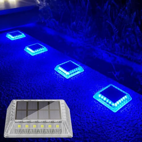 Lacasa Solar Deck Lights, 4 Pack 30LM LED Dock Lights Blue Light, Outdoor Solar Powered Step Lights Light up All Night IP68 Waterproof Auto ON/Off for Garden Stairs Driveway Pathway Lighting by Lacasa
