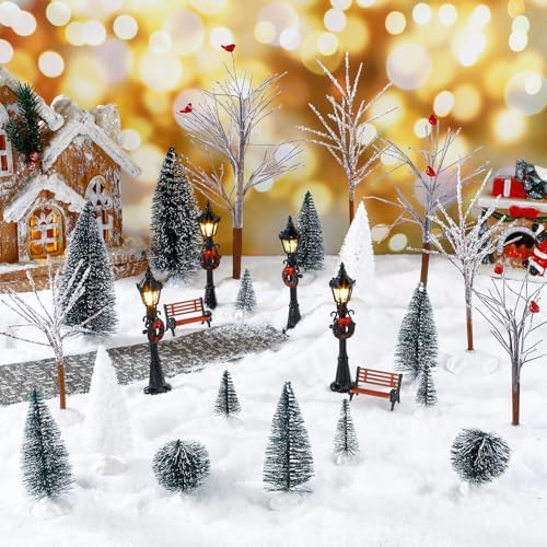 Hotop 28 Pcs Mini Artificial Christmas Village Tree Set Snow Christmas Pine Bare Branch Trees Xmas Street Lamp Post Miniature Park Bench Seat Cobblestone Street for Decoration(Delicate) - Image 3