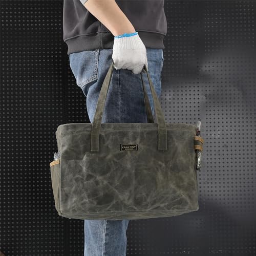 Canvas Tool Tote Bag | 16OZ Waxed Canvas Tool Carrying Bag - with 8 Pockets & Top Metal Support Rods, Rectangular Top Open Tool Tote Bag for Chisels Wrench Hammer Level | Army Green - Image 7