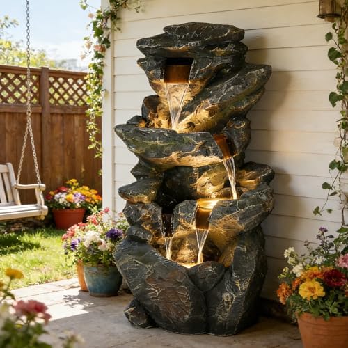 39.2" Tall Outdoor Water Fountain, 5-Tier Realistic Natural Rock Cascading Waterfall Fountain with LED Lights, Resin Garden Water Feature for Patio, Deck, Backyard and Home Art Décor by EPICOZY