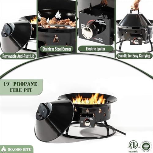 Portable Propane Fire Pit 19" 50000 BTU Cover Carry Kit Smokeless, Black - Image 3