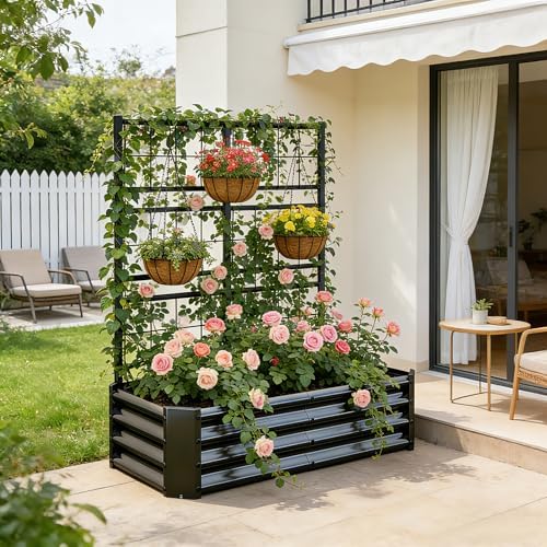 Galvanized Raised Garden Bed with Trellis for Climbing Plants Outdoor,Black by Unknown