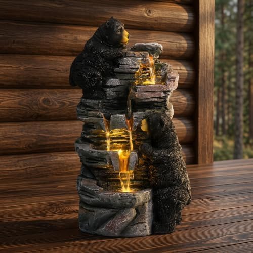 26.38" Bear Waterfall Fountain with LED Lights, Resin Outdoor Water Fountain with Cascading Rock Design, Wildlife Garden Fountain for Patio, Backyard, Porch & Yard, Black and Gray by Unknown