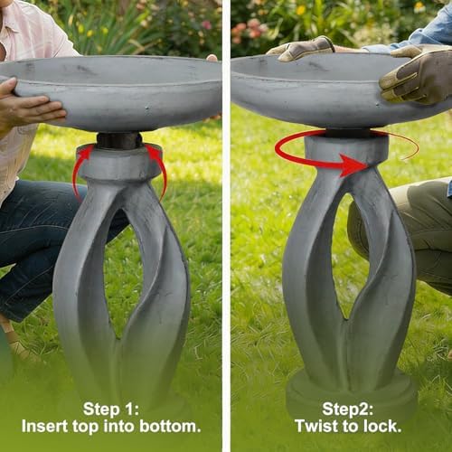 SKYFIRE 21.85 Inch Tall Pedestal Bird Bath, Fibre Reinforced Concrete Birdbath with Twisted Base, Weather Resistant & Durable Bird Bath for Garden Patio Lawn Backyard, Gray - Image 6