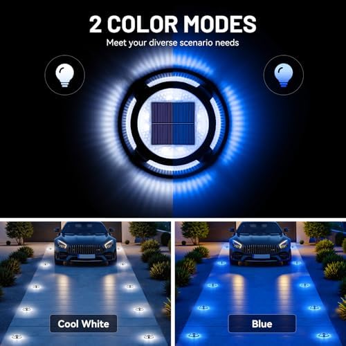 Solar Driveway Lights, 8 Pack Heavy Duty Driveway Lights Solar Powered 2 Color Mode (Cool White/Blue) IP68 Waterproof Outdoor Solar Deck Lights with Ground Stake for Pathway Garden Yard Walkway Dock - Image 2