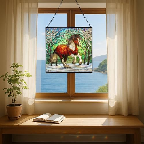 Brown White Icelandic Horse cantering through winter orchard Square Suncatcher–Stained Glass Style Window Panel with Pastoral Scene, Custom Decorative Hanging Art for Equestrian Home, Christmas anTV9F - Image 6