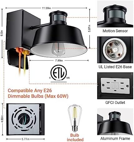 Ehaho Porch Lights with Outlet for Front Door, Motion Sensor, IP65 (1 PC) - Image 5